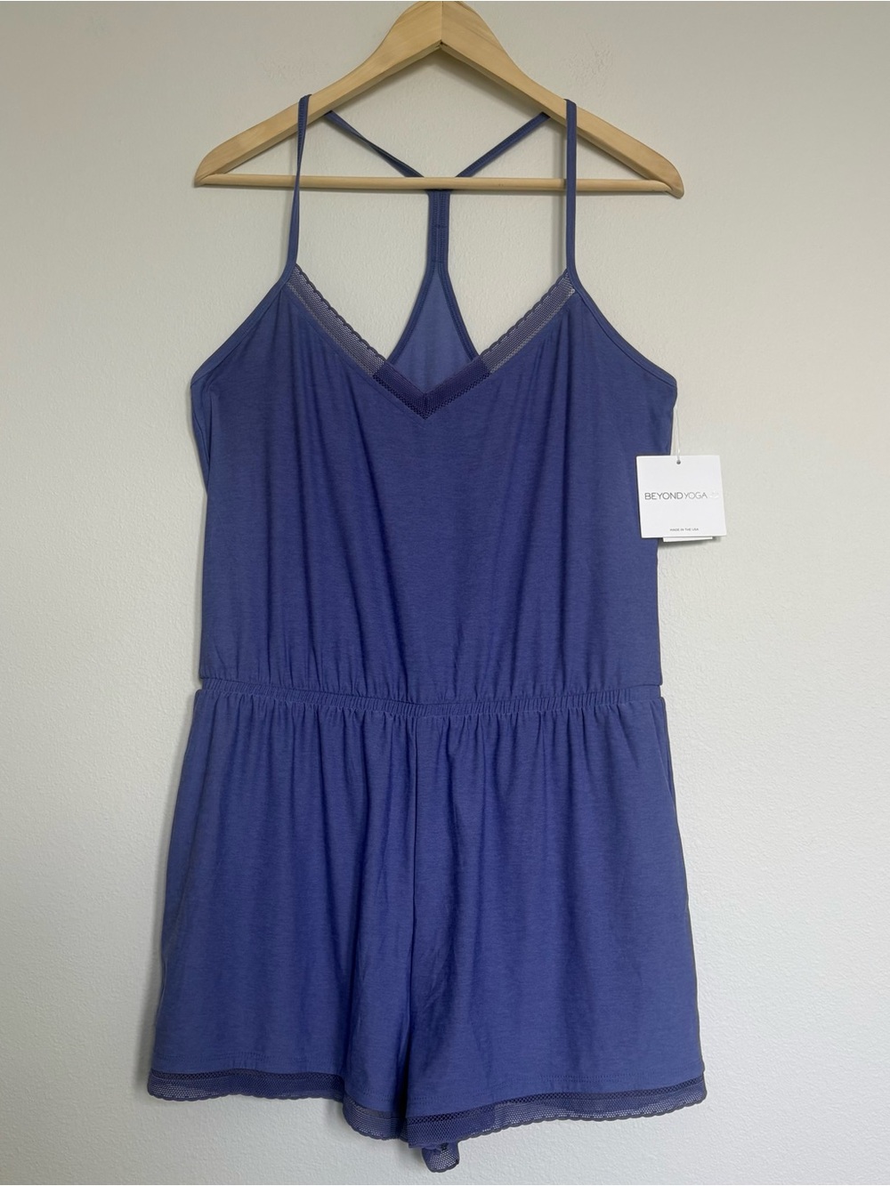 NWT Beyond Yoga Featherweight Dream Lace Trim Romper Women’s L Purple Coquette